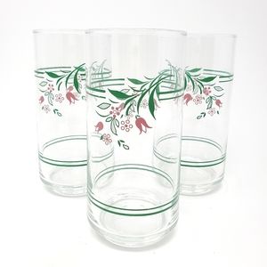 VTG Corelle Rosemarie Pink & Green Hanging Tulip 16oz Tumblers, set of 3